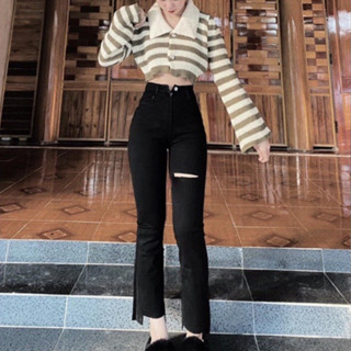  Quần Jean Ống Loe Nữ Tôn Dáng - Rách Đùi Gấu Cắt Kiểu Chất Bò Giấy Lưng Cao Co Giãn 4 Chiều 35-79kg 