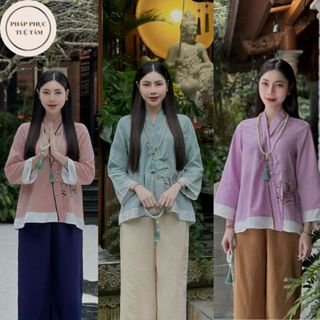 Đồ bộ đi chùa cổ vạt chéo thêu họa tiết Pháp phục đi lễ cách tân 2 tầng Bộ lam đi chùa nữ vải đũi thái Sang trọng