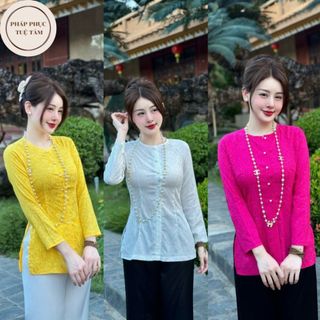 Áo bà ba cách tân vân hoa nổi dài tay , Bà ba gấm đi lễ chùa siêu xinh và sang chảnh