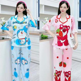 ( Có Bigsize 40-76kg ) Set Đồ Bộ Pijama Chất Lụa Xước Hàn Quốc Thoáng Mát Tay Lửng Cao Cấp Áo Nữ