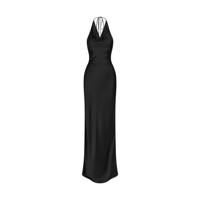 ĐẦM LỤA DÀI CỔ ĐỔ XẺ TÀ - SILKY NECKDRAPE BACKLESS DRESS