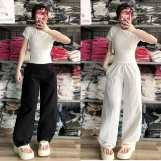 set bộ quần kaki ống rộng 2 khuy khóa kéo+ mix kèm áo thun lạnh trơn cổ 3 phân có dãn tốt