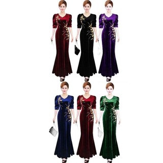 Đầm dạ hội nhung trung niên đi tiệc đuôi cá cổ tim tay phồng nhún hoa kết đá đối xứng trên dưới size lớn, Đầm đuôi cá