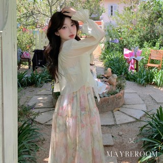 Váy hai dây hoa dáng dài màu loang pastel Semi flower dress Mayberoom