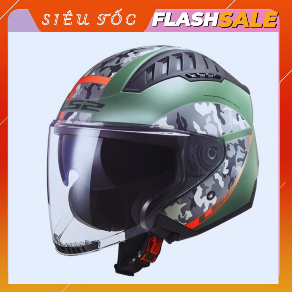 Nón bảo hiểm 3/4 LS2 OF600 xanh lính 2 kính tặng kèm khăn ninja túi vải