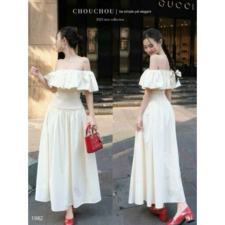 Đầm midi trễ vai nhún eo, Váy maxi trễ vai bo eo thiết kế sang trọng đi dự tiệc, đi chơi