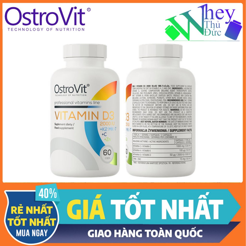 (D3 K2) Vitamin D3 2000iu + K2 Mk7 + Vitamin C + Zinc Ostrovit 60 Viên  - Tăng Sức Đề Kháng Chắc Xươ