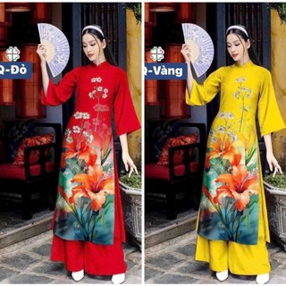 Bộ áo dài lụa Hàn cao cấp in họa tiết 3D (hoa Ly)