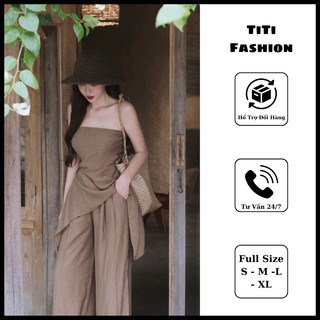 Set đũi tơ áo cúp ngực vạt chéo mix quần xuông dài trẻ trung. titi fashion