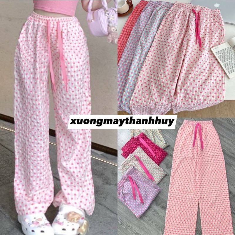 Quần suông đũi xốp hoạ tiết tim, quần ống suông đũi thô-HT💗