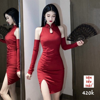 Sườn xám khoét tay sexy kèm bao tay
