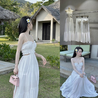 [Chuẩn ảnh-Hoả Tốc] Đầm maxi 2 dây cắt eo cúp ngực nơ nữ tính chiết eo bánh bèo cho nàng du lịch biển hè