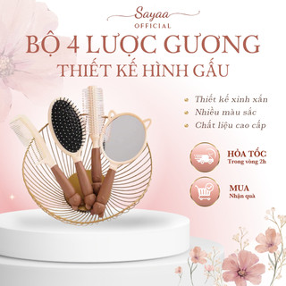 Set 4 gương lược Sayaa trang điểm cầm tay đệm hơi massage dễ thương