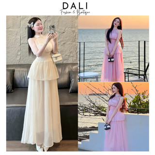 Set Yếm Chất Liệu Tơ Hàn 2 Món Gồm Áo Cổ Yếm Hở Lưng Bo Chun Eo + Chân Váy MIDI Dáng Xoè 2 Lớp