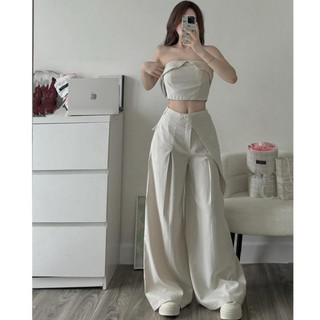 JENNYCLOSET ® SET 2 CHI TIẾT : Áo quây cúp ngực khoá sau mix quần vạt ống xuông cao cấp , chất liệu đũi hàn