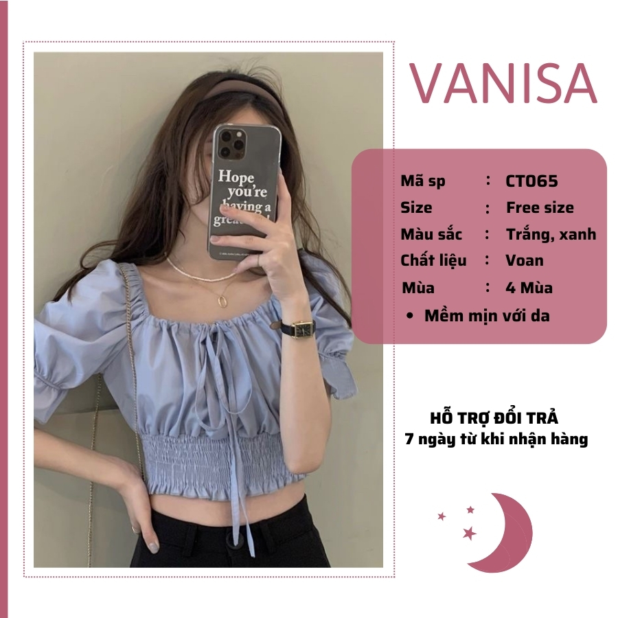Áo croptop trễ vai kiểu nữ hở vai tay bồng voan trắng xanh VANISA CT065 | BigBuy360 - bigbuy360.vn
