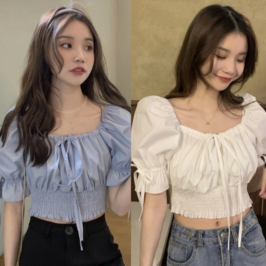 Áo croptop trễ vai kiểu nữ hở vai tay bồng voan trắng xanh VANISA CT065 | BigBuy360 - bigbuy360.vn