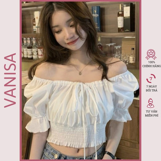  Áo croptop trễ vai kiểu nữ hở vai tay bồng voan trắng xanh VANISA CT065 