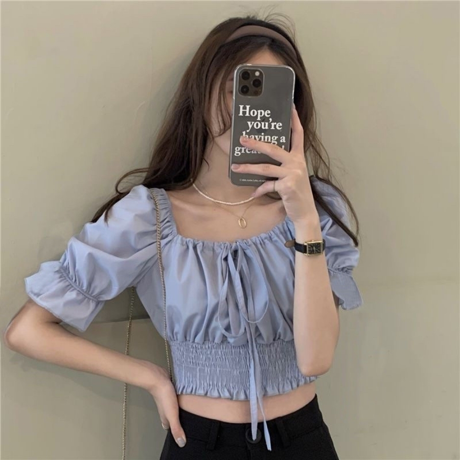 Áo croptop trễ vai kiểu nữ hở vai tay bồng voan trắng xanh VANISA CT065 | BigBuy360 - bigbuy360.vn