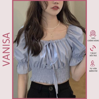 Áo croptop trễ vai nữ hở vai kiểu tay bồng voan trắng xanh VANISA CT065 