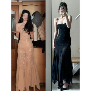 Leslie dress đầm midi dài đầm 2 dây đuôi cá đính đá bling bling thanh lịch sam sam boutique