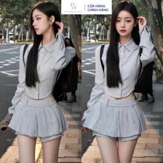 Set áo sơ mi kẻ sọc dài tay kèm quần váy xếp ly DH STUDIO Set đồ nữ sang chảnh đi học đi chơi hottrend Douyin