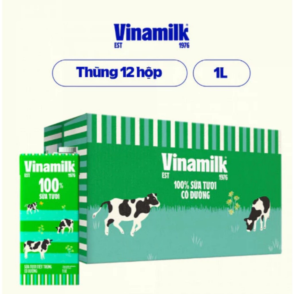 Thùng 12 Hộp Sữa Tươi Tiệt Trùng Vinamilk 100% Có Đường - Hộp Giấy 1L
