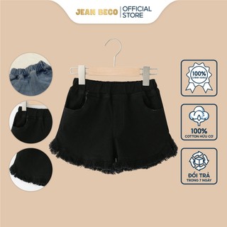Quần short jeans cho bé gái JEANBECO, quần jeans lai tua rua lưng chun co giãn