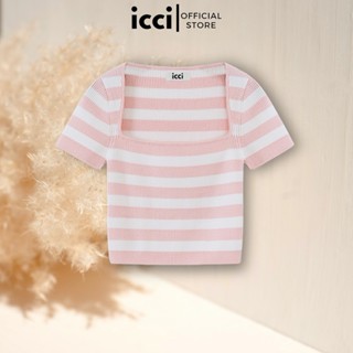 ICCI - Áo len crop tay ngắn cổ vuông kẻ hồng trắng WRV2