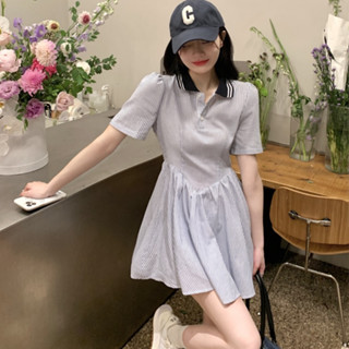 Đầm polo kẻ sọc tay ngắn dáng xoè chữ A, váy polo nữ hàn quốc eo cao dáng ngắn Hàn Quốc 9827