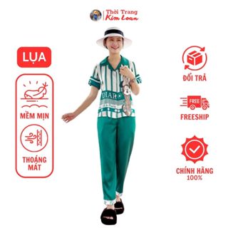 [N86] - Đồ bộ Pijama nữ tay ngắn màu xanh phối hoạ tiết, chất liệu lụa Latin cao cấp