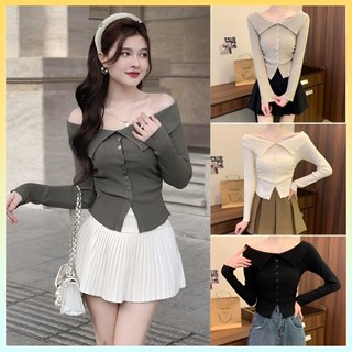  Áo len thun Montoghi dệt kim NHÚN EO phối BẸT VAI tay dài phối nút sang trọng - L2M