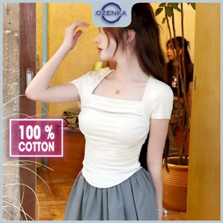 Áo baby tee croptop kiểu cổ vuông vạt bầu ngắn tay nữ ozenka , áo crt cotton basic nhẹ nhàng sang chảnh đi học đi chơi