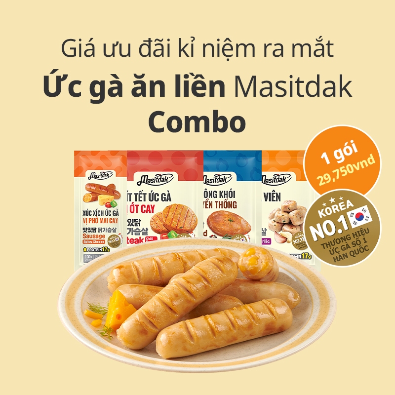 [HỎA TỐC HCM] COMBO 4 GÓI _ Ức gà ăn liền Masitdak (bít tết + viên + xúc xích + xông khói)