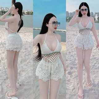 Ship hoả tốc-Set bikini ren móc đi biển 2 món bra tua rua mix hạt kèm quần sooc qc