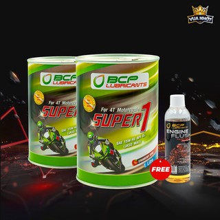 Combo 2 Lon Nhớt Xe Số BCP Thái Lan 15W40-SL-1L, Nhớt Màu Đỏ - Tặng 1 Súc Động Cơ Engine Flush 100mL