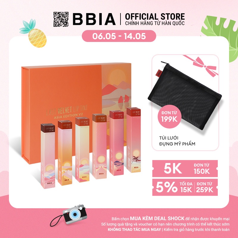 Trọn Bộ 6 Son kem lỳ Bbia Last Velvet Lip Tint Asia Edition 2 ( 6 x 5g) (6 Màu) 100g - Bbia Official Store
