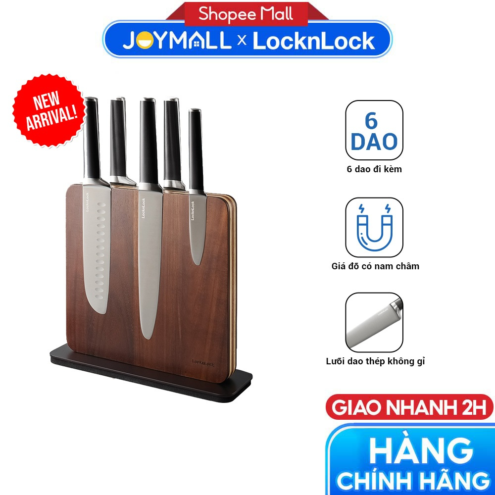 Bộ dao 7 món cao cấp LocknLock CKK804, Hàng chính hãng, thep không gỉ, khối đỡ nam châm gỗ - JoyMall