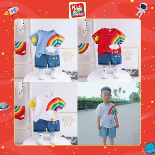 Set áo thun họa tiết cầu vồng kèm quần bò cộc cho bé trai mặc xuân hè (N00645)