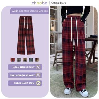 Quần ống rộng Choobe nữ kẻ caro lưng cao cạp chun họa tiết sọc vải dạ dày dặn ống suông dài 100cm ulzzang Q99