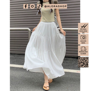 Chân váy dài dáng xòe gân nổi trắng, đen thời trang nữ Alora