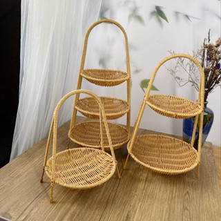 Mẹt nhựa giả mây nhiều tầng, kệ đựng đồ decor 3 tầng để hoa quả bánh kẹo hành tỏi bền đẹp sang trọng