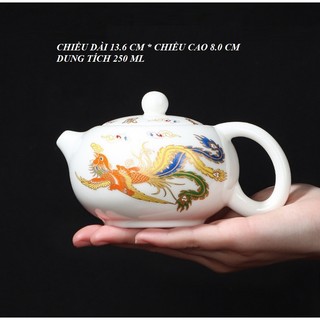 Ấm pha trà tây thi bằng sứ trắng bạch định họa tiết rồng phượng đổi mầu khi nước nóng