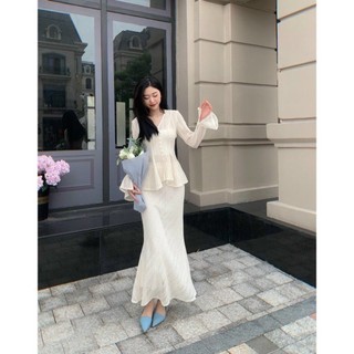 M924 - Set áo ren trắng tay dài kèm croptop hai dây phối chân váy midi đuôi cá