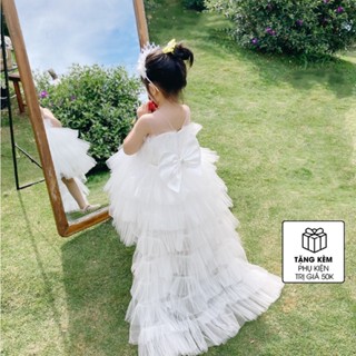 Váy Công Chúa Thiết Kế Đuôi Dài Đáng Yêu Cho Bé - Đầm Công Chúa Cao Cấp ChipKids Tặng Kèm Nơ Cô Dâu