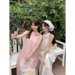 (ORDER-sẵn kem) Váy hai dây cổ yếm voan đính bông hoa tiểu thư sang suông xòe dài vintage đi biển hàng QC cao cấp