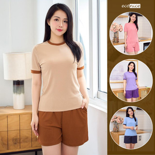 Set đồ bộ quần short đùi áo phông nữ vải thun gân, tăm lạnh màu trơn mặc nhà mùa hè Econice