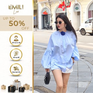 Áo sơ mi form rộng tay bồng Emili sơ mi kiểu dài tay phối hoa phong cách Hàn Quốc 