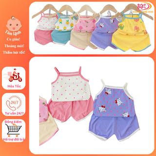 MK517 (6-16KG) Bộ áo 2 dây quần cộc họa tiết chất tăm gân lạnh mỏng mềm, mát cho bé gái dưới 3 tuổi