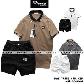 Set Bộ Nam RURUMEN Áo Polo Pack Horse Thêu Chữ Quần Short Thun Thoáng Mát Màu Trắng, Xám, Kem
